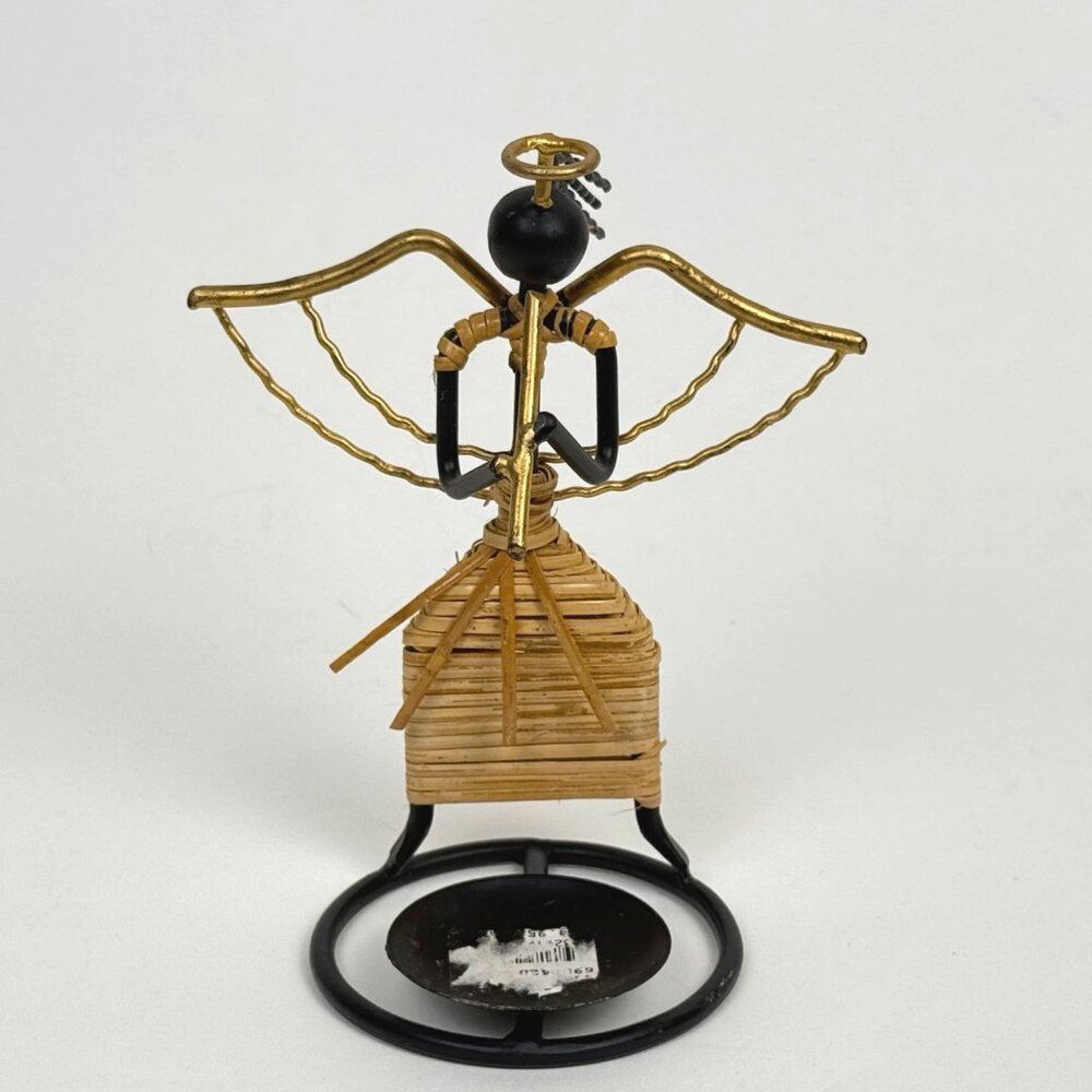 African Wrought Iron Brass Angel with Flute Wicker Pillar Candle Holder